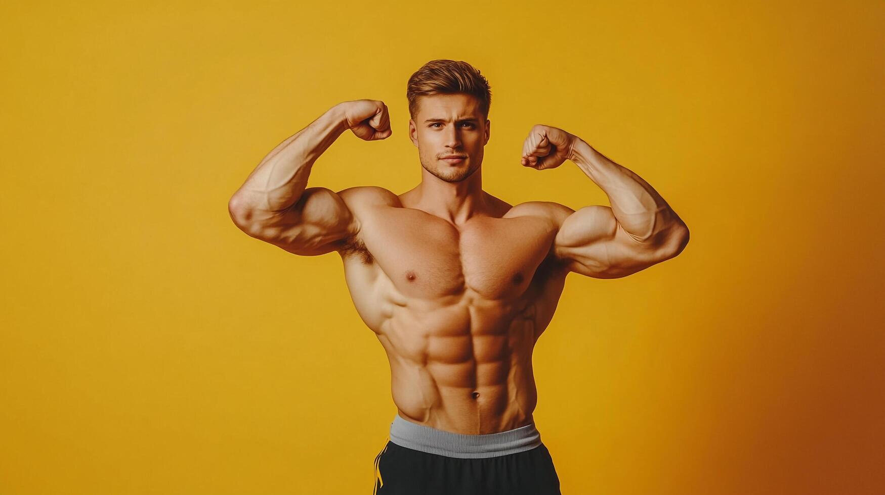 Fit man flexing and displaying defined musculature against an orange backdrop. Showcase of strength, fitness and dedication to workouts. photo