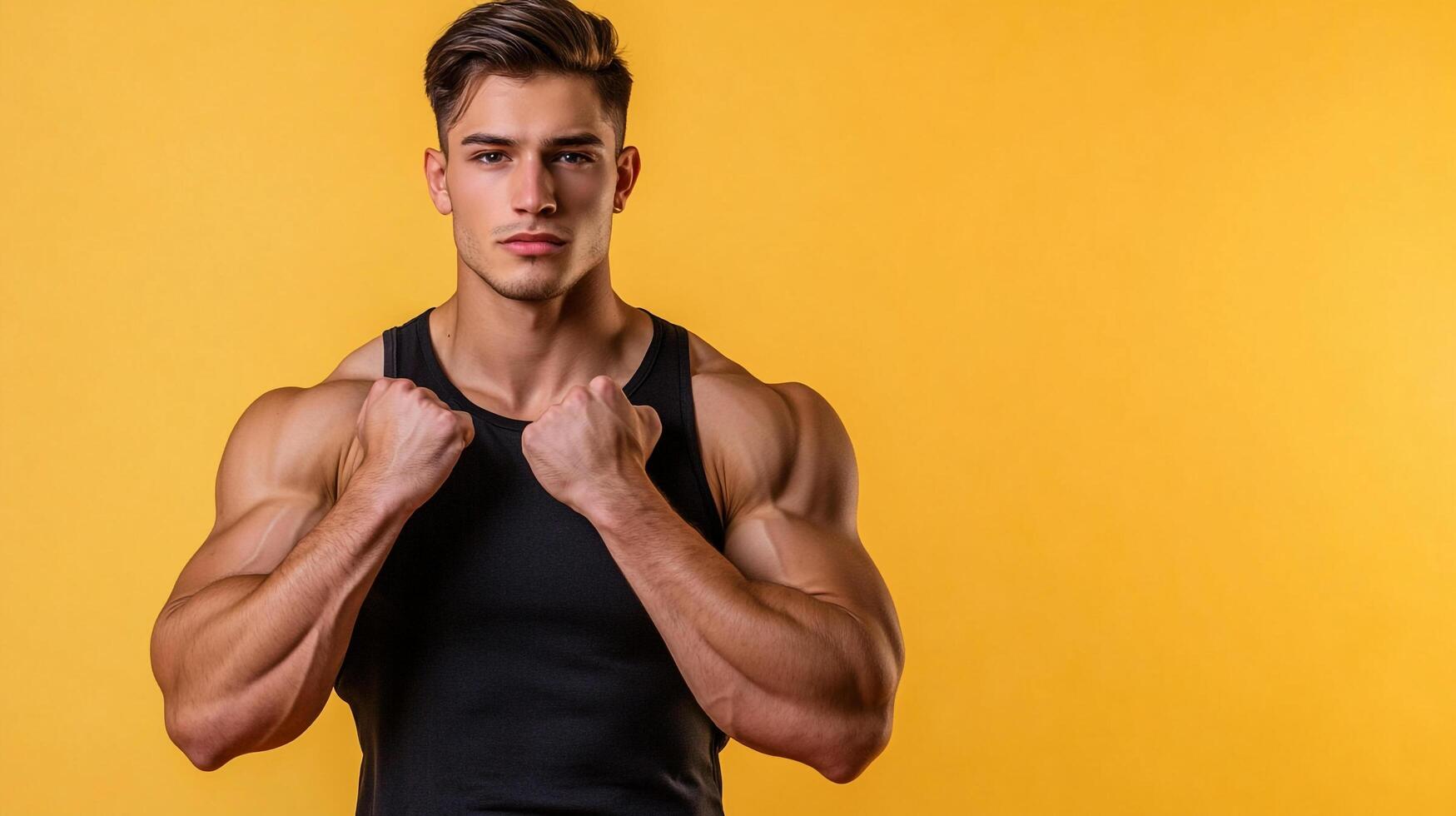 Strong and athletic man in black tank top flexing his bicep against a vibrant yellow background. Demonstrating powerful physical fitness. photo