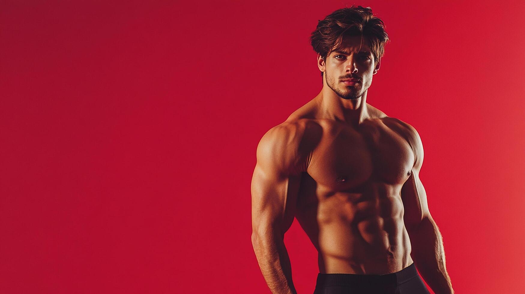 A muscular man poses against a vibrant red background, showing his physique. Perfect for fitness or health related visuals. Great for gym ads. photo