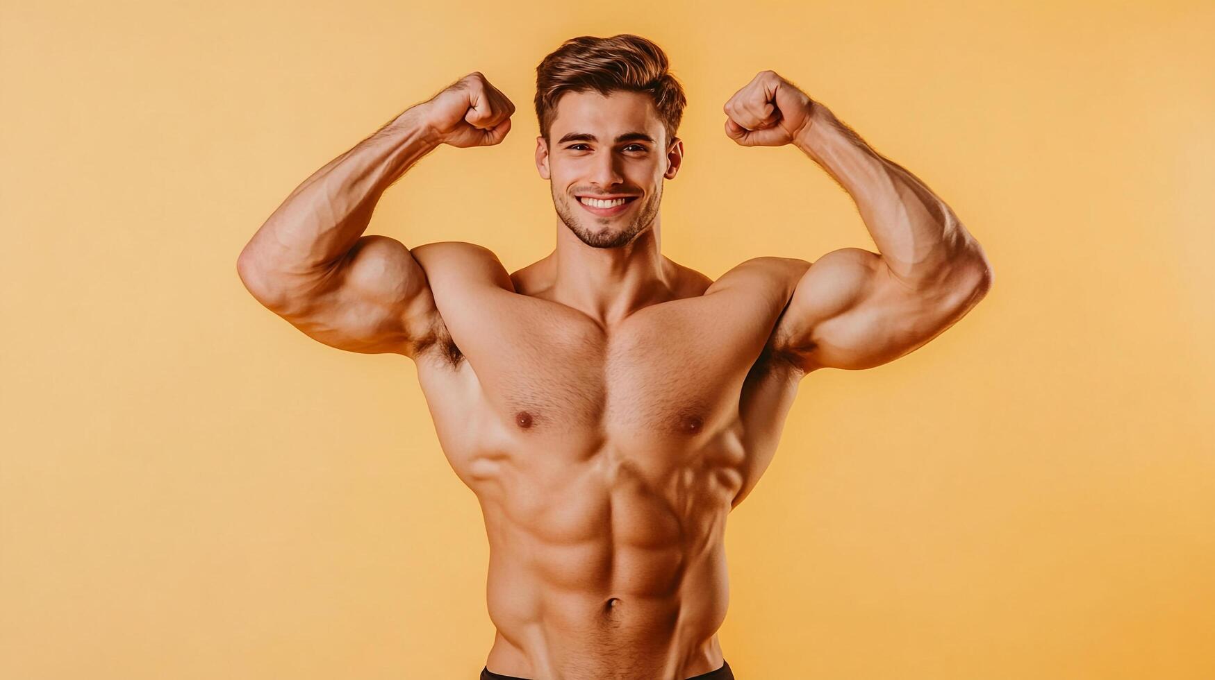 Muscular man flexing his biceps and smiling against a solid background, showcasing fitness, strength, and a confident attitude. photo