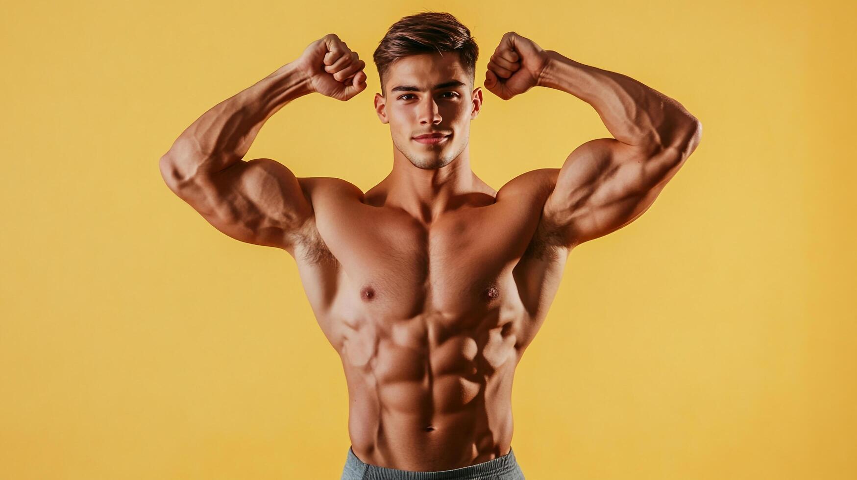 Muscular man flexing with sculpted physique on a bright yellow backdrop radiates fitness and strength. A testament to dedication. photo