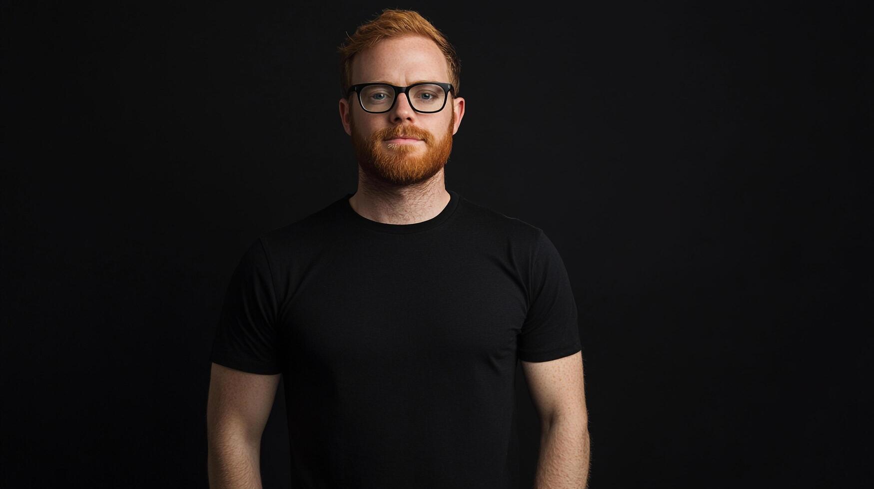 Man with red hair and beard wearing glasses and a plain shirt against a black background. Portrait captures his face and upper body. photo
