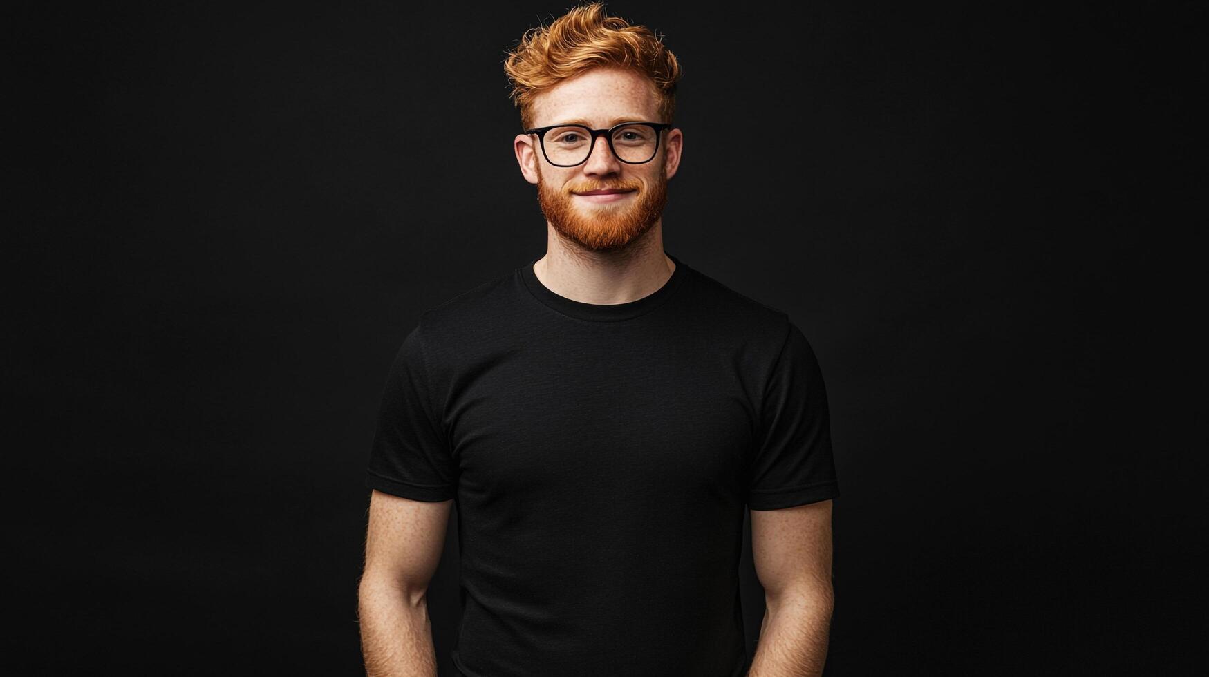 Portrait of a young man with red hair and beard wearing glasses and a black t-shirt against a dark background. He's smiling slightly. photo
