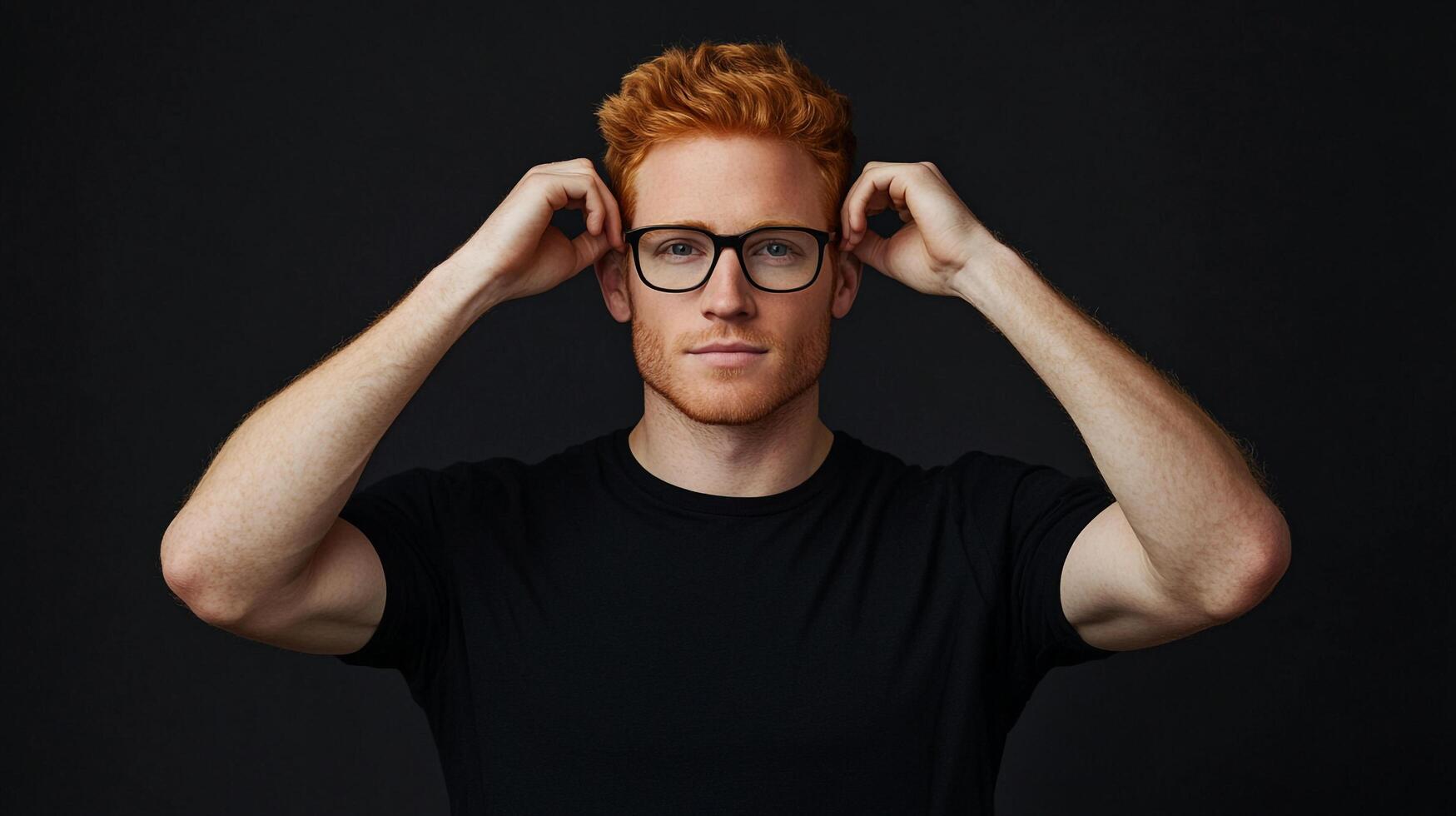 Person with fiery red hair, wearing glasses and a black t-shirt, is a handsome model with a neutral expression and a dark backdrop. photo