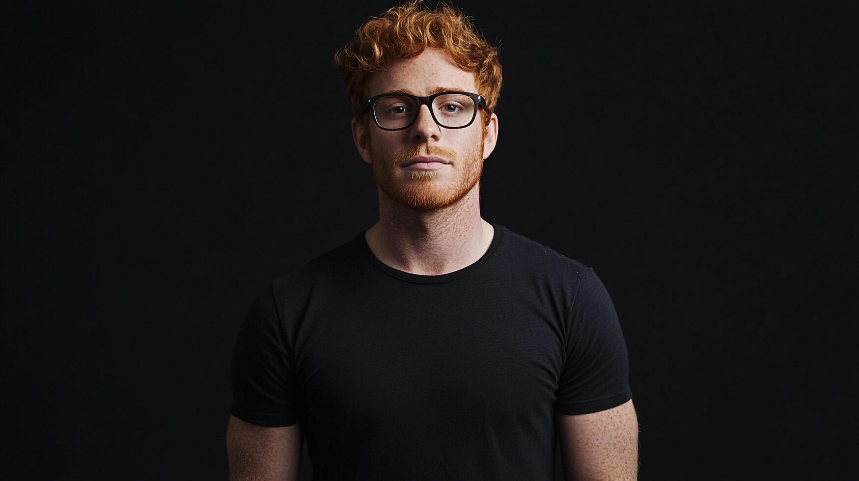 Focused portrait of a man with red hair and glasses, standing against a dark background wearing a plain black t-shirt in simple style. photo