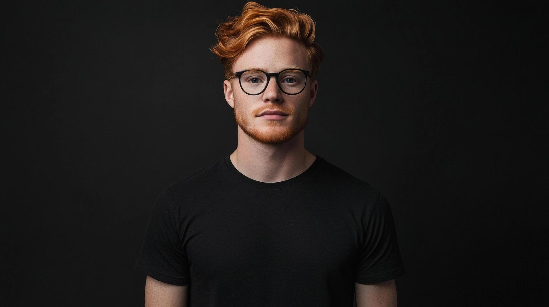 Portrait of a fair-skinned man with light red hair and a beard, wearing glasses and a dark tee against a dark backdrop. photo