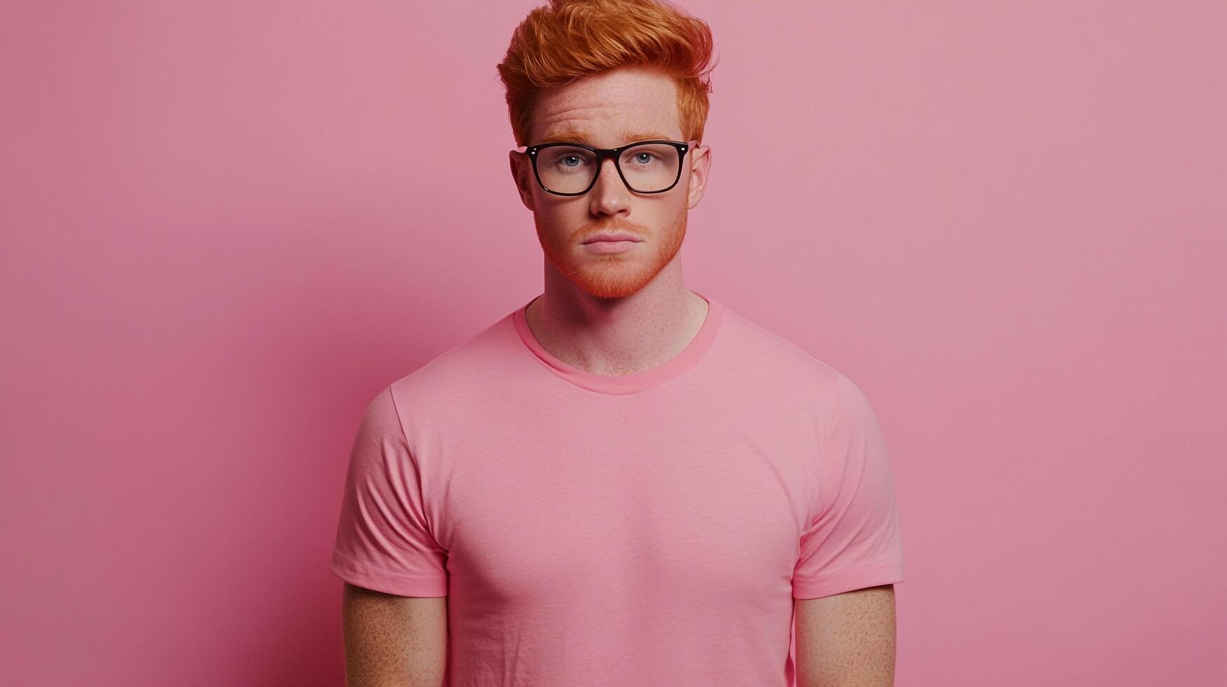 Man with red hair and glasses poses against a pink background. He wears a matching pink shirt, creating a simple yet striking visual. photo