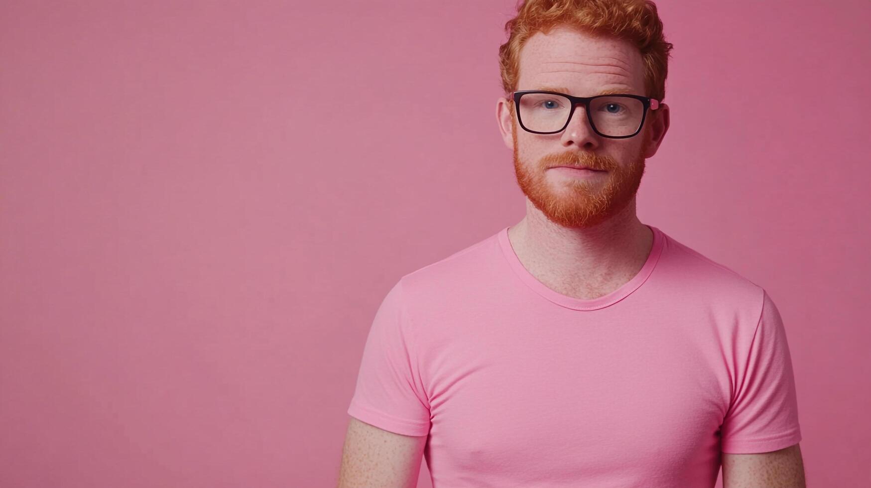 Portrait of a smiling red-haired man with glasses against a pink background, creating a vibrant and eye-catching image. photo