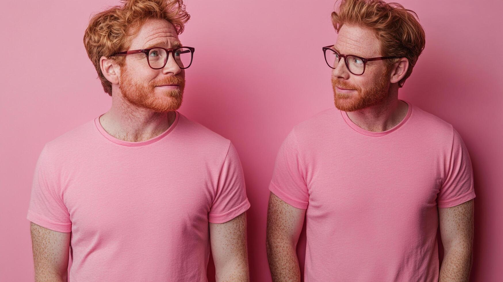 Identical twins with red hair wearing pink shirts, both gazing in opposite directions against a matching pink backdrop. photo