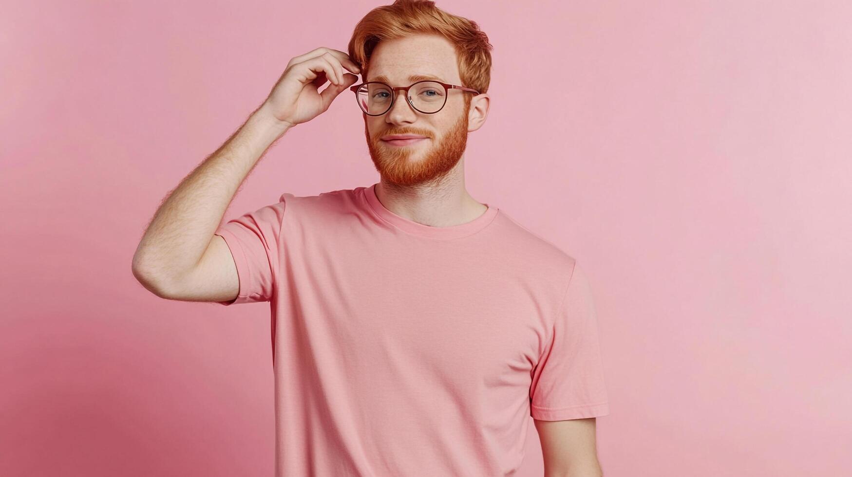 A red-haired man with glasses and a pink shirt poses against a matching backdrop, showcasing a casual yet stylish aesthetic. photo
