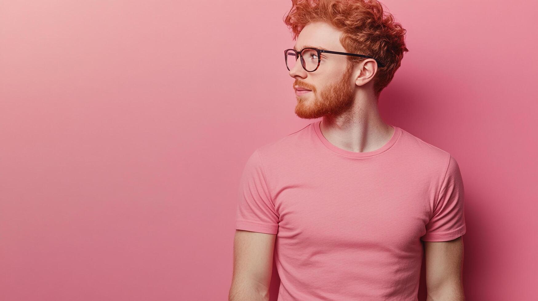 Young redhead man wearing glasses and a pink t-shirt against a matching pink backdrop, looking thoughtfully to the left. Clean studio lighting. photo