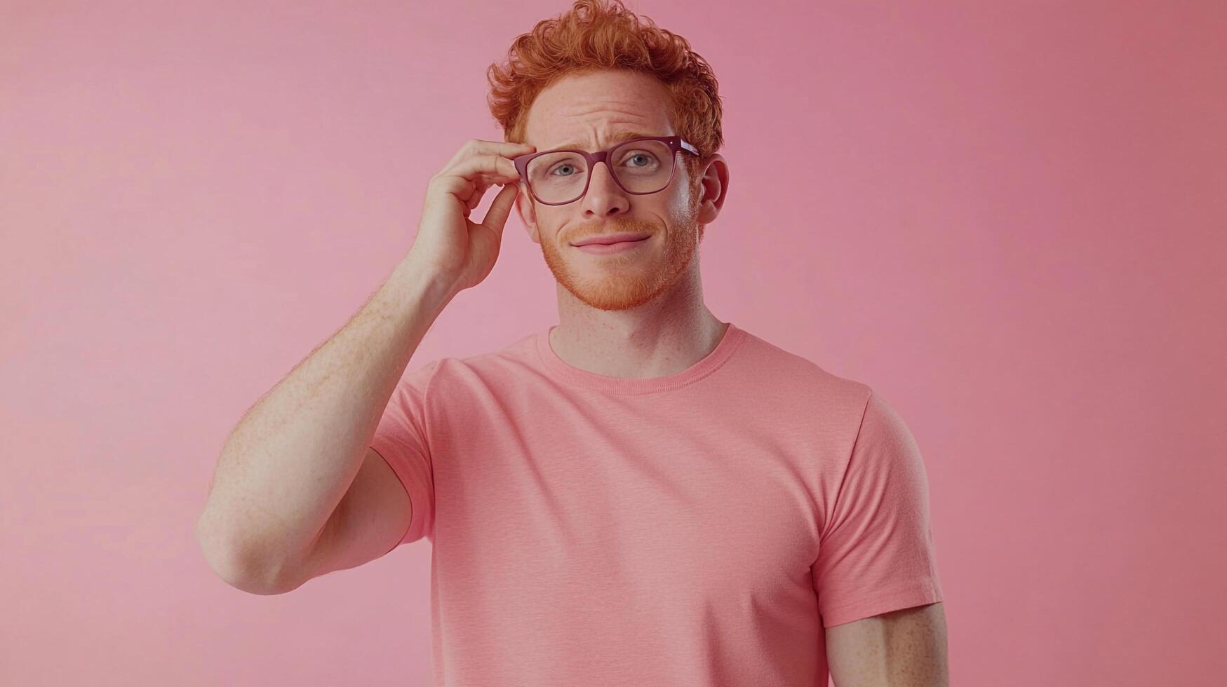 Red-haired man adjusts glasses against a pink backdrop, radiating subtle humor with a coy smirk and a touch of ginger charm. photo