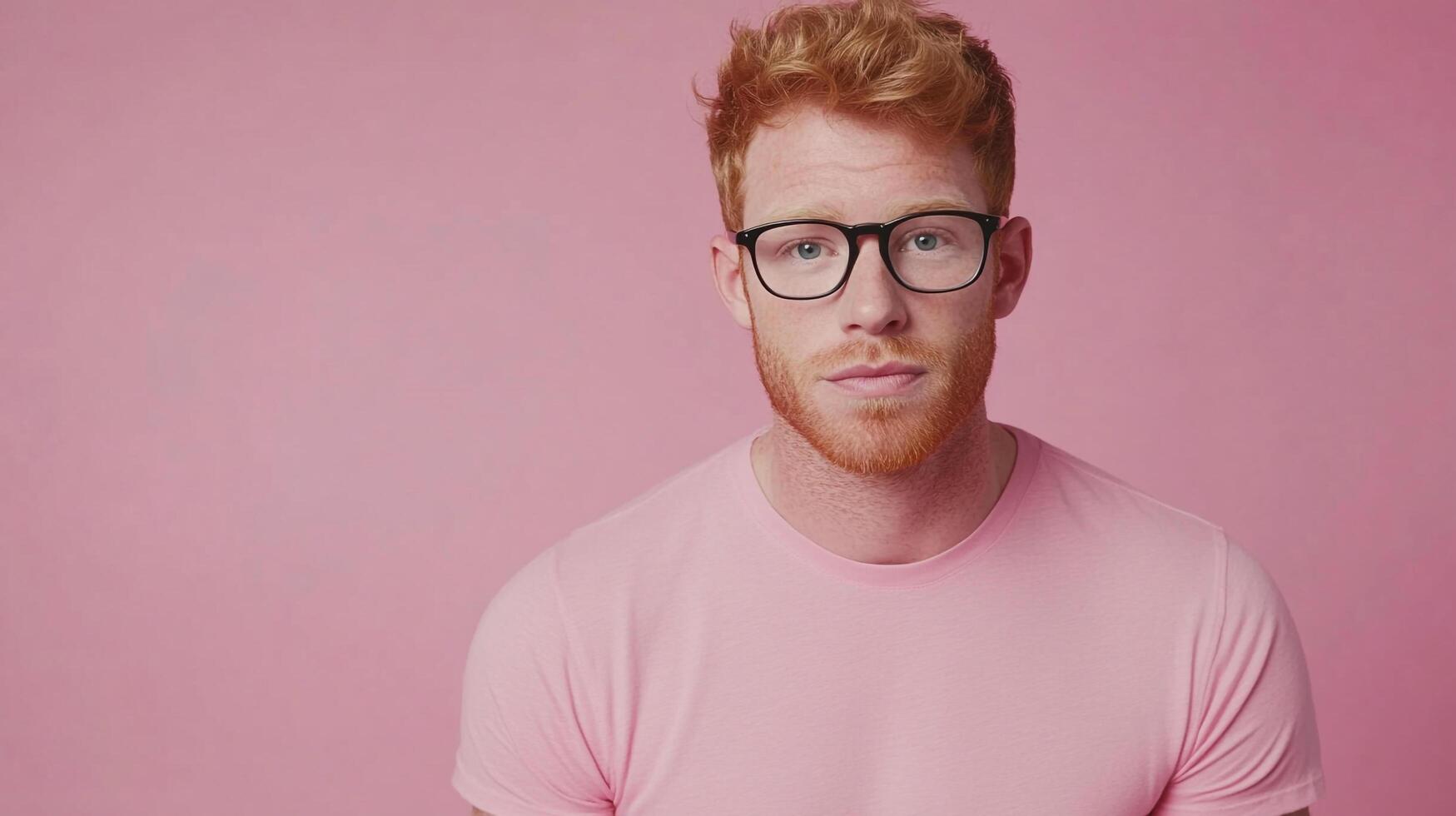 Portrait of a redhead man with glasses, looking directly at the camera in front of a matching light pink background and pink t-shirt photo