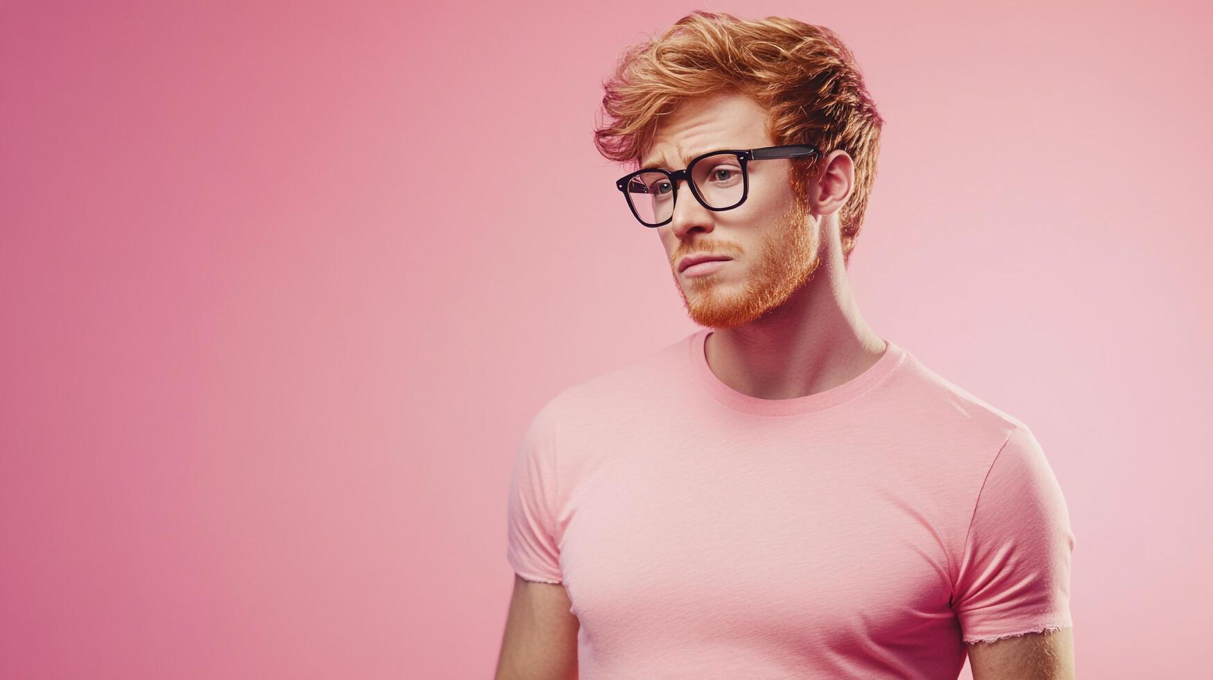 A man with red hair and a beard gazes downwards with a thoughtful or skeptical expression, set against a matching pink backdrop. photo