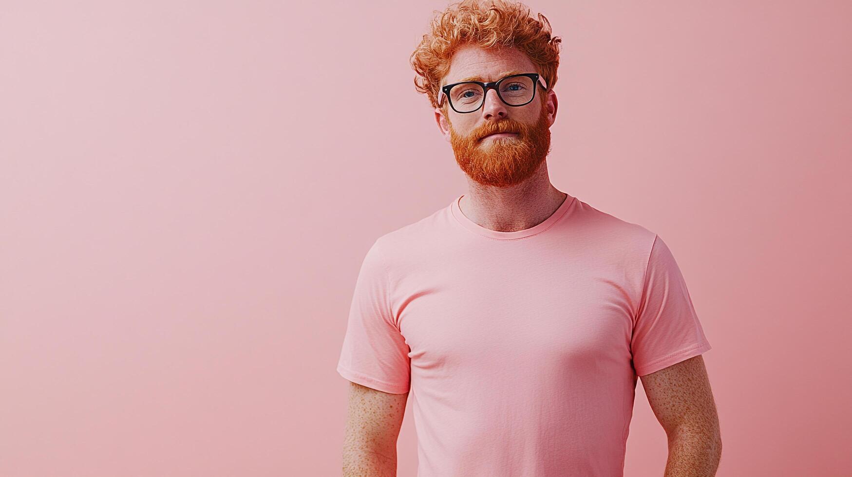 Person with red hair and beard staring into the camera wearing a pink t-shirt. Minimalist portrait against plain backdrop. photo