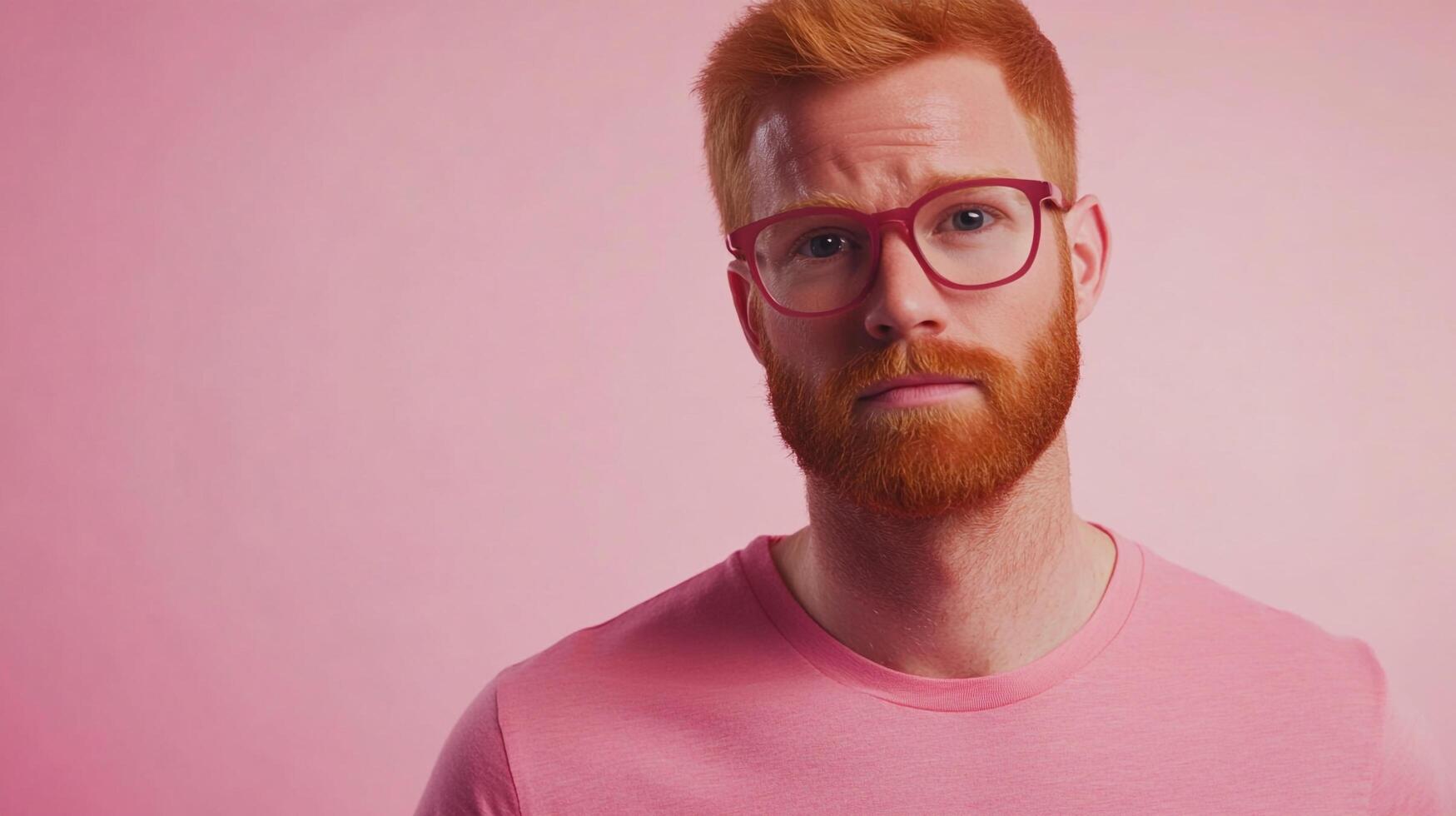 Man with red hair, beard, and glasses against a pink backdrop, looking thoughtfully at the camera. Casual, modern aesthetic. photo