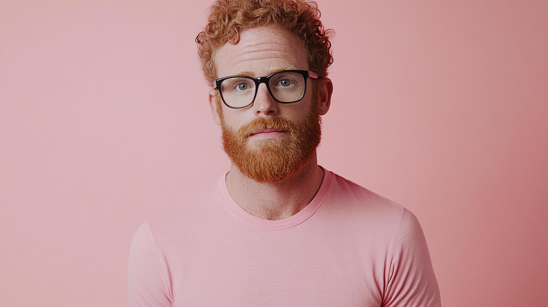 Portrait of a man with a beard and eyeglasses, wearing a pink shirt, in front of a light pink background, looking at the viewer. photo