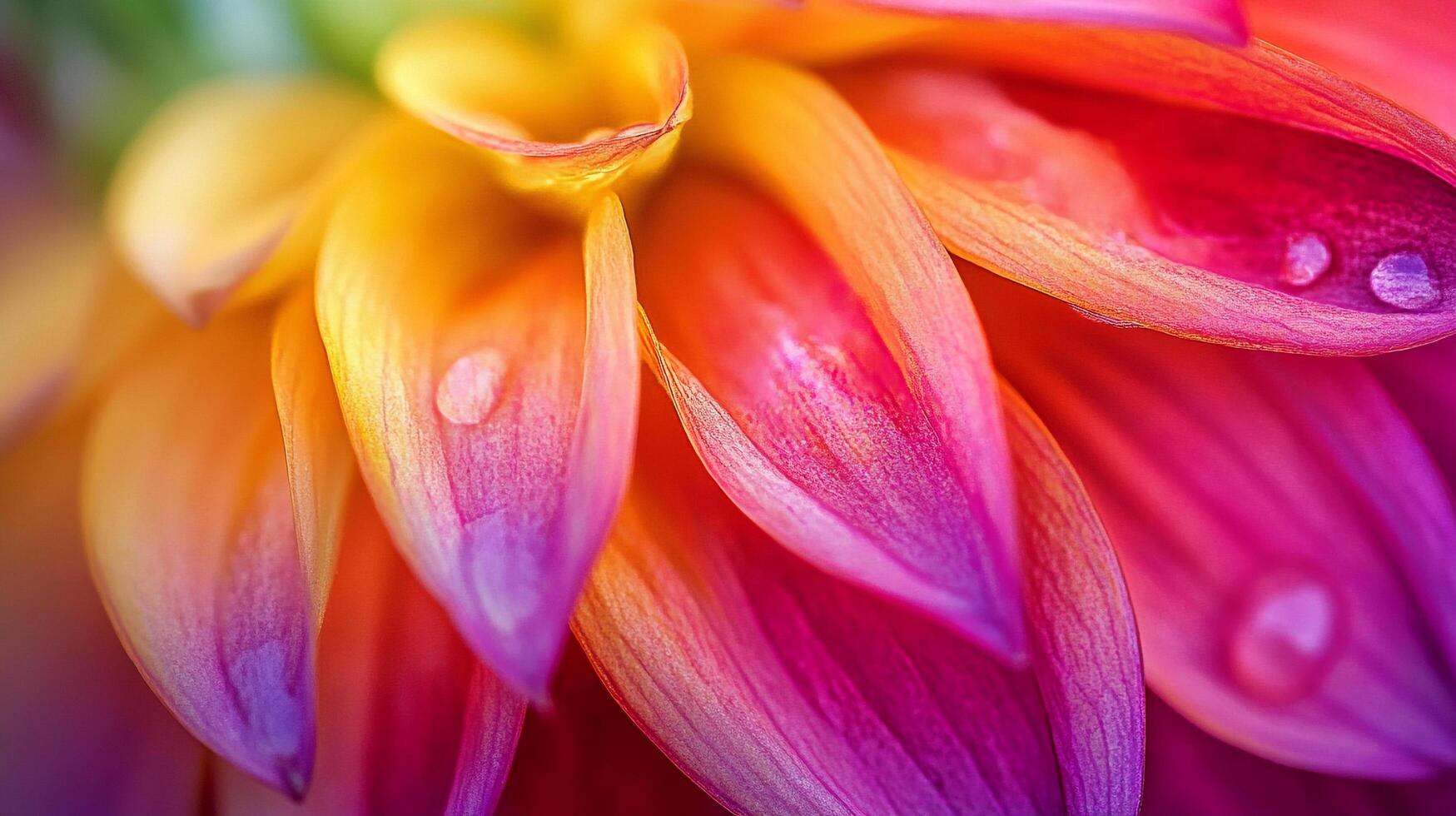 Vibrant flower petals in stunning gradients of yellow, orange, red, and purple, adorned with delicate water droplets, create a captivating close-up. photo