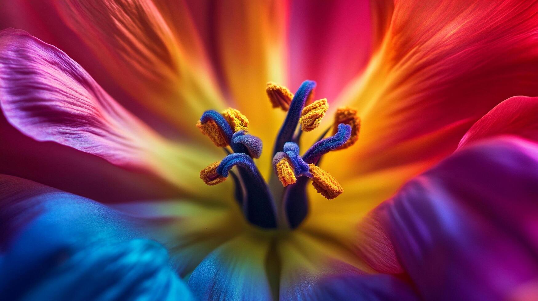 A vibrant close-up of a flower, showcasing stunning gradient petals, with a central focus on its intricate stamen details and textures. photo