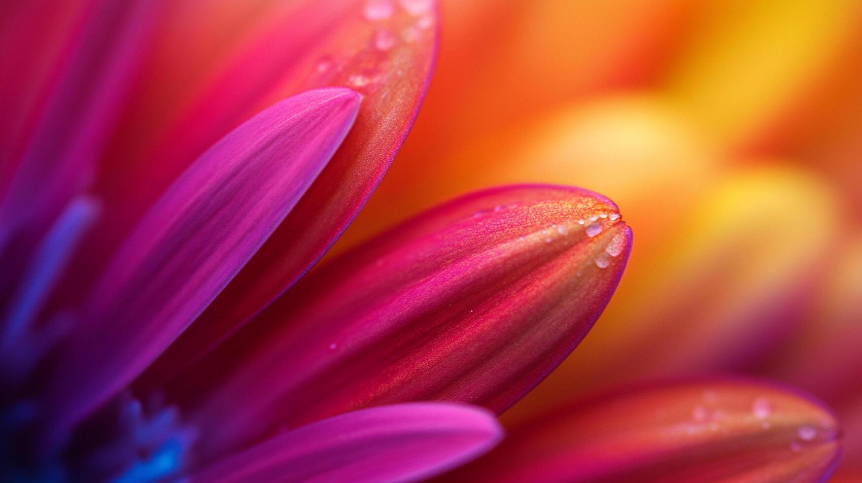 Macro shot of vibrant flower petals showcasing a gradient of pink, purple, and orange, enhanced by subtle droplets of water, creating a sense of freshness. photo