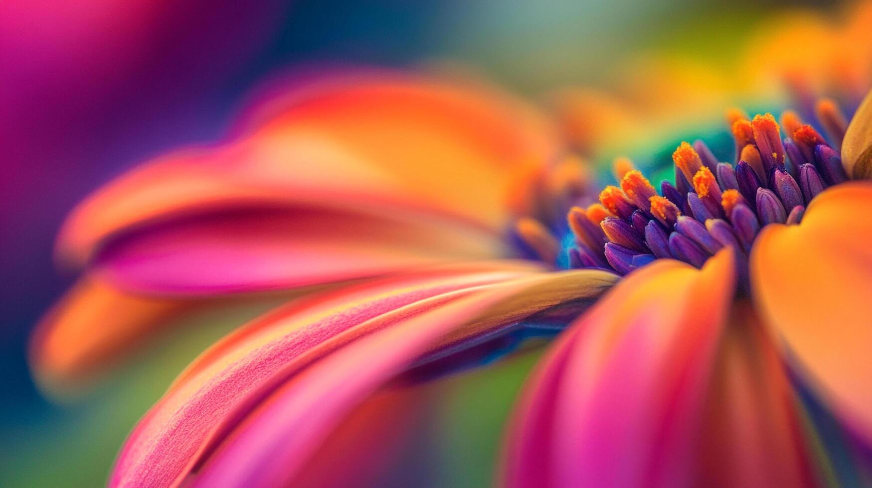 Macro photograph of a colorful flower with orange, pink, purple, and blue tones, creating a vibrant and eye-catching floral portrait. photo