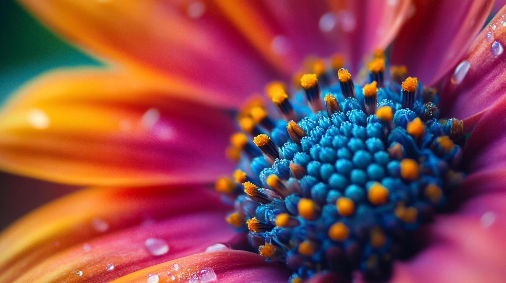 Macro shot of a vibrant flower with orange and pink petals, showcasing a bright blue center with tiny yellow tips, highlighting water droplets. photo