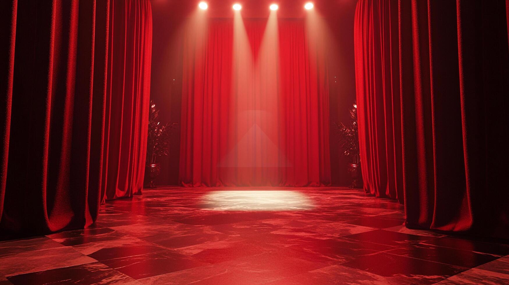 A theater stage bathed in red light, framed by heavy red curtains, and illuminated by spotlights overhead creates a dramatic, theatrical mood. photo