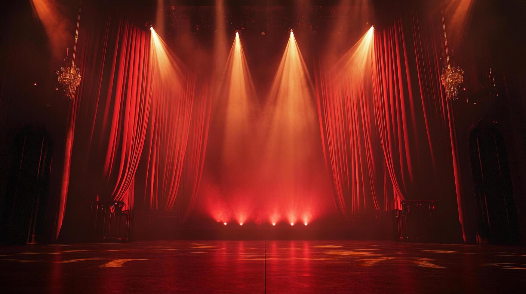 Dramatic stage lighting with red curtains and bright spotlights create a captivating and theatrical ambiance. The warm tones evoke a sense of spectacle. photo