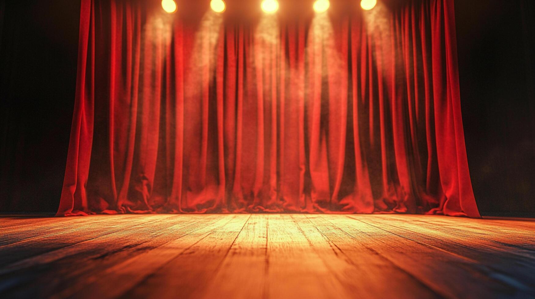 A stage with red curtains and spotlights creates anticipation for a performance, suggesting theater, drama, and captivating storytelling. photo