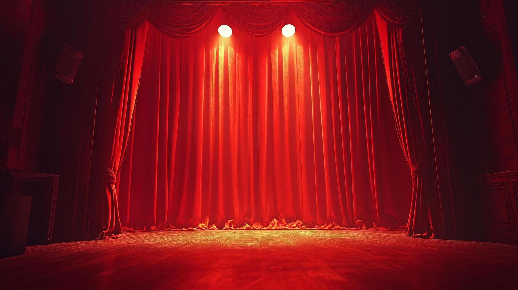 A dramatic stage with rich red curtains under spotlights, evoking a sense of anticipation and grandeur for the upcoming performance. photo