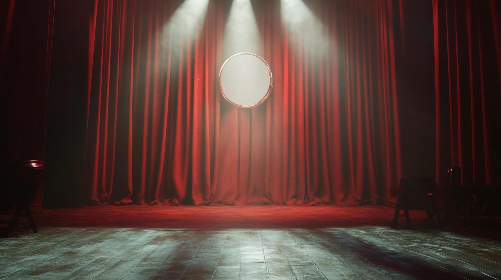 A theatrical stage bathed in dramatic spotlight, framed by rich red curtains and an enigmatic portal, setting the scene for a mesmerizing performance. photo