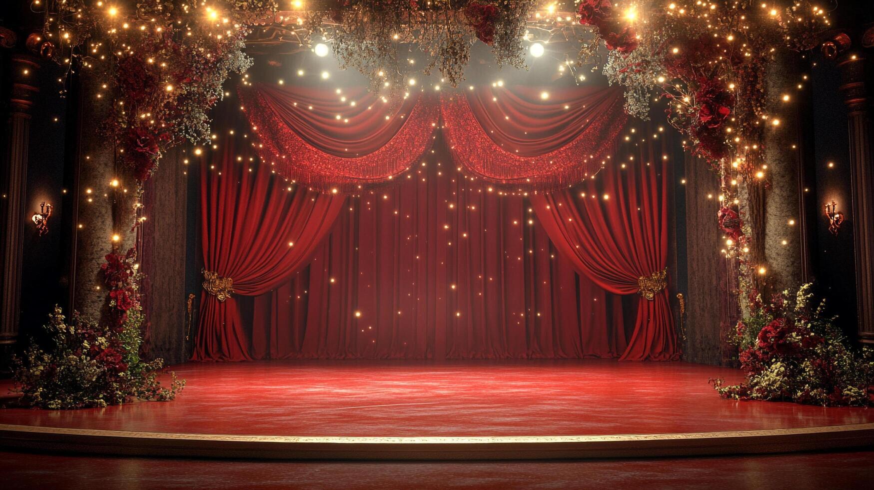 Ornate theater stage with red velvet curtains, floral arrangements, and twinkling fairy lights creates a magical and inviting atmosphere. photo