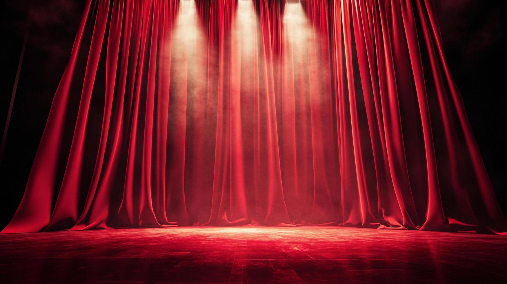 A stage draped in red velvet curtains, illuminated by spotlights, evokes anticipation and drama in a theatrical setting. photo