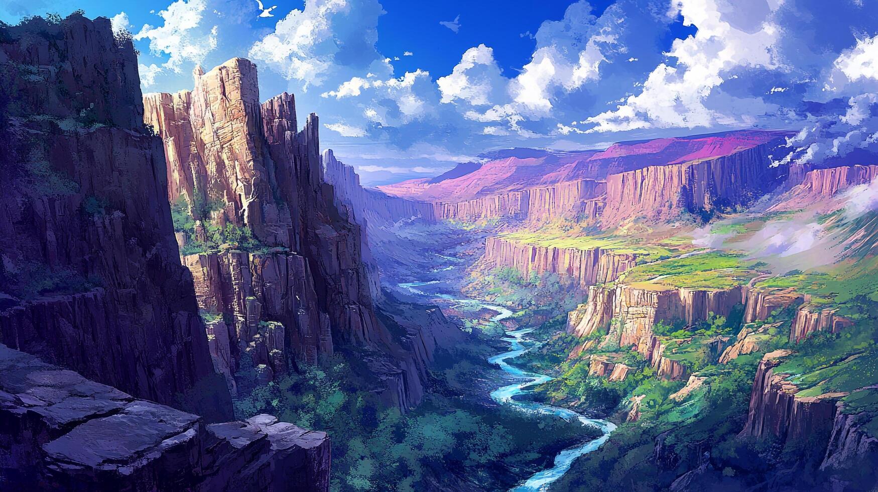 A breathtaking canyon landscape with towering cliffs and a winding river, all beneath a bright blue sky dotted with fluffy white clouds. photo