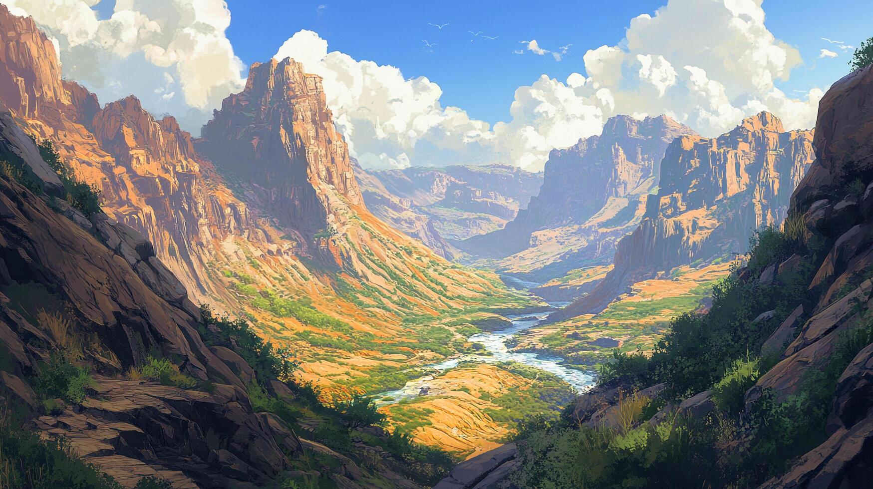 Majestic canyon panorama showcasing a flowing river, towering cliffs, and lush vegetation under a blue sky with scattered clouds. photo