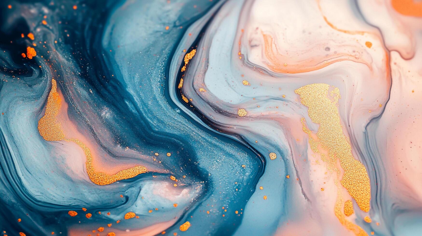 Mesmerizing abstract art featuring swirling blues, whites, and delicate peach tones, accented with shimmering golden hues. photo