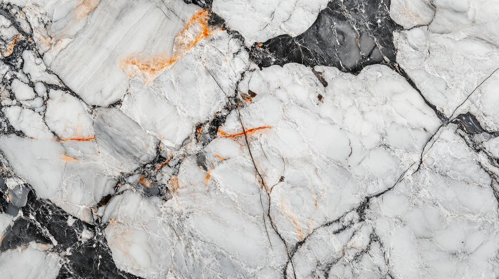 Close-up shot of a textured surface. Black and white marble with orange and gray veining creates a dynamic and visually stunning pattern. photo