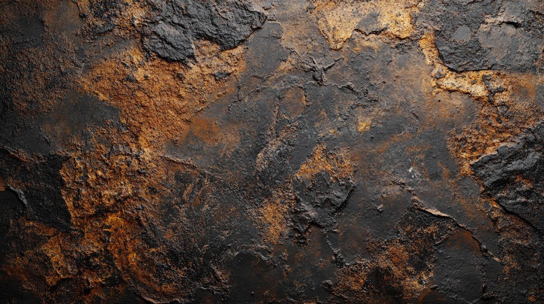 Earthy texture with a mix of dark and gold tones. Ideal for backgrounds or visual design. Dark, rusty pattern, weathered stone. photo