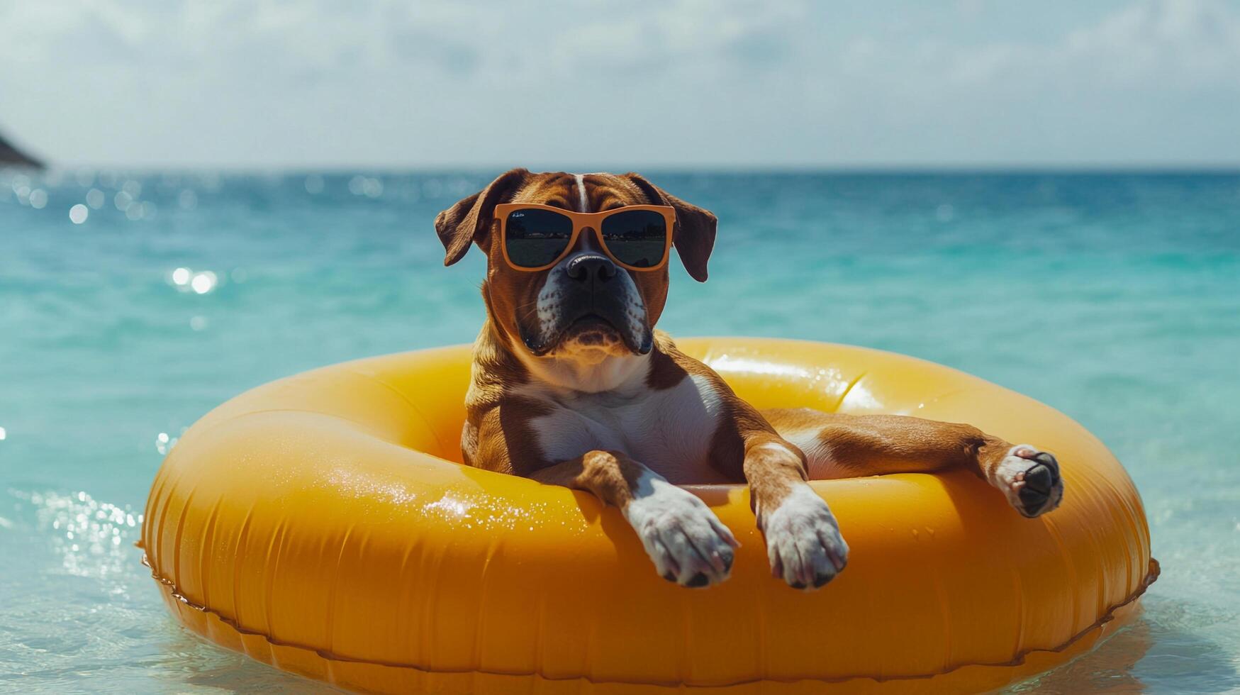 Cool dog floating in a yellow tube with stylish sunglasses, enjoying a sunny beach day. Vacation vibes with a relaxed canine companion. photo