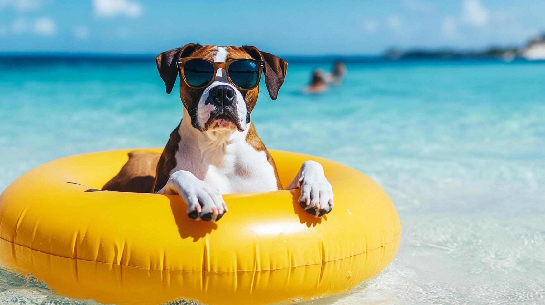 Cool dog floats in a yellow tube on clear tropical ocean water, enjoying a beach vacation with sunglasses on a sunny day. photo