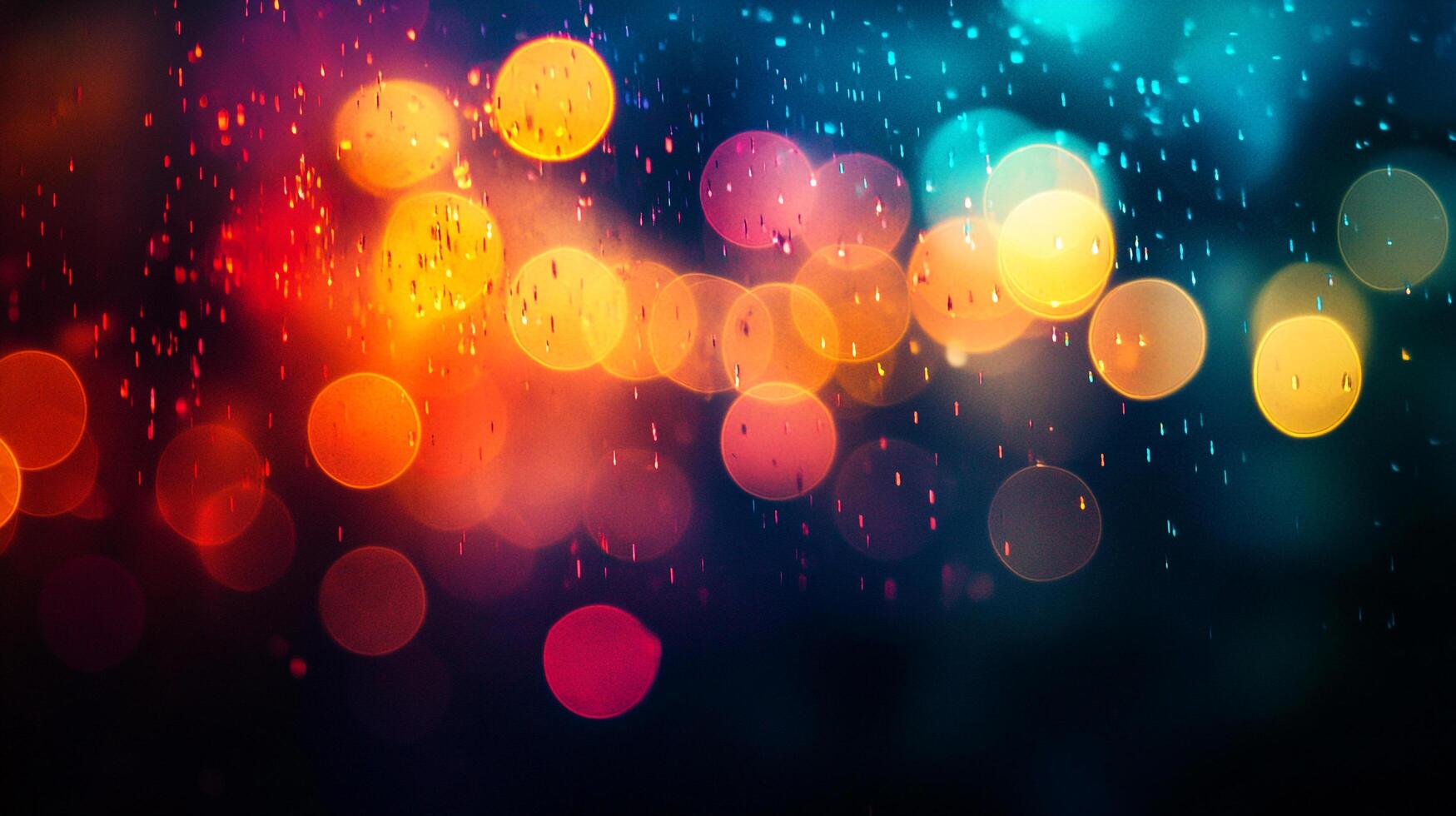 Vibrant bokeh lights in orange, yellow, and blue create a mesmerizing abstract pattern, reminiscent of a festive urban nighttime scene. photo
