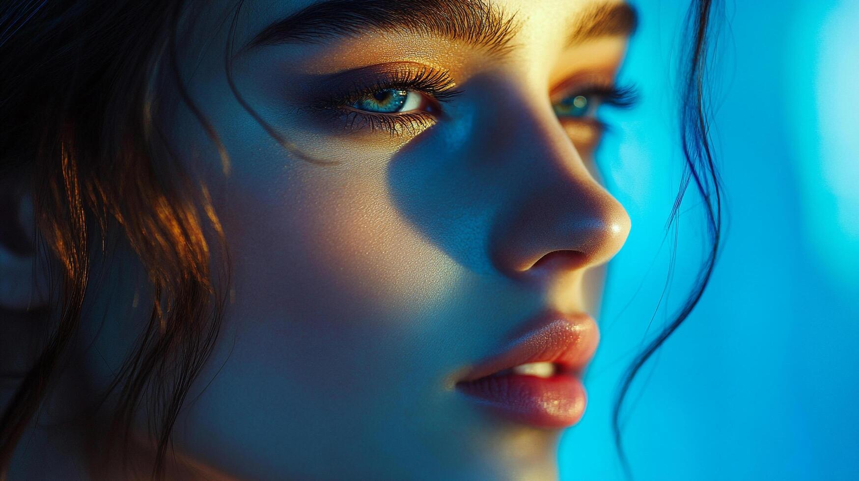 Close-up portrait of a woman with light skin, blue eyes and dark eyebrows highlighted by blue light and golden hair accents. photo