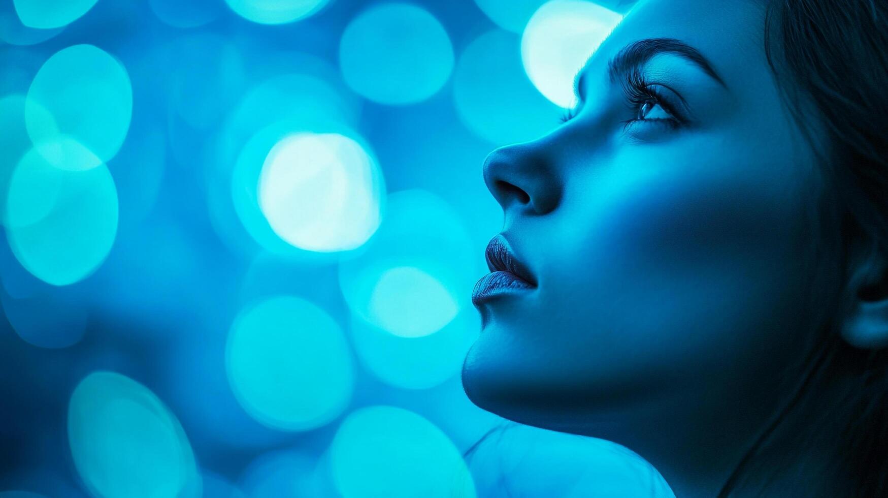 A woman gazes upwards, bathed in a luminous blue light, surrounded by bokeh, and a serene expression on her face. Focused on light and beauty. photo