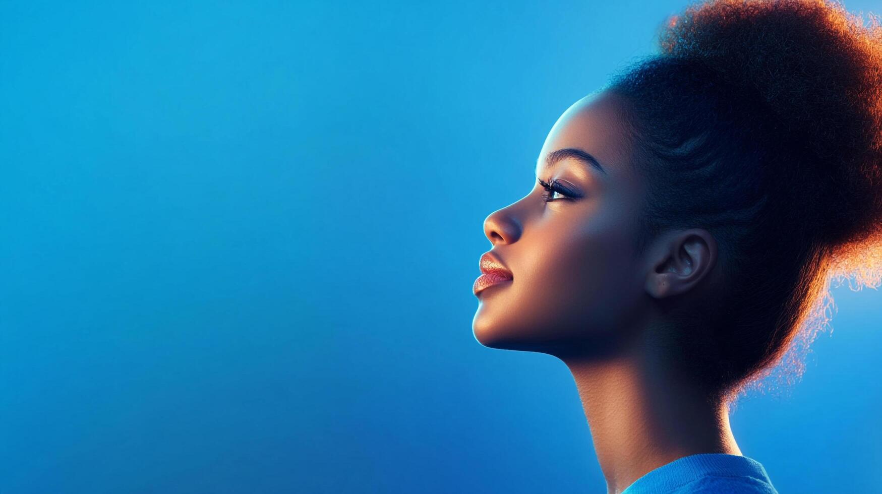Contemplative woman gazes upwards with a serene expression, bathed in soft blue light, evoking hope and aspiration. Focus on the future. photo