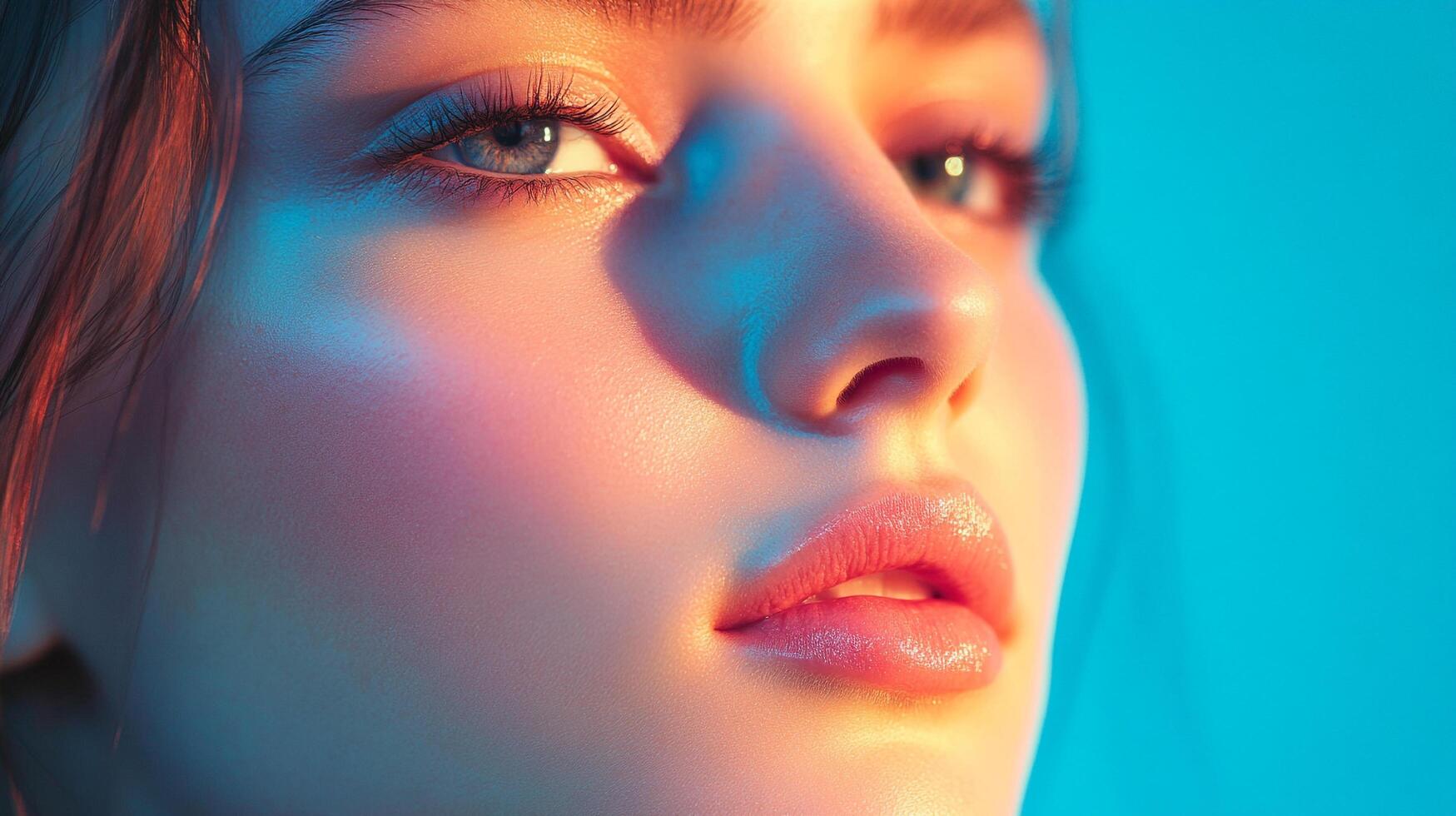 Close-up of a woman's face with blue and pink lighting, highlighting her features with a focus on eyes, nose, and lips for beauty concept. photo