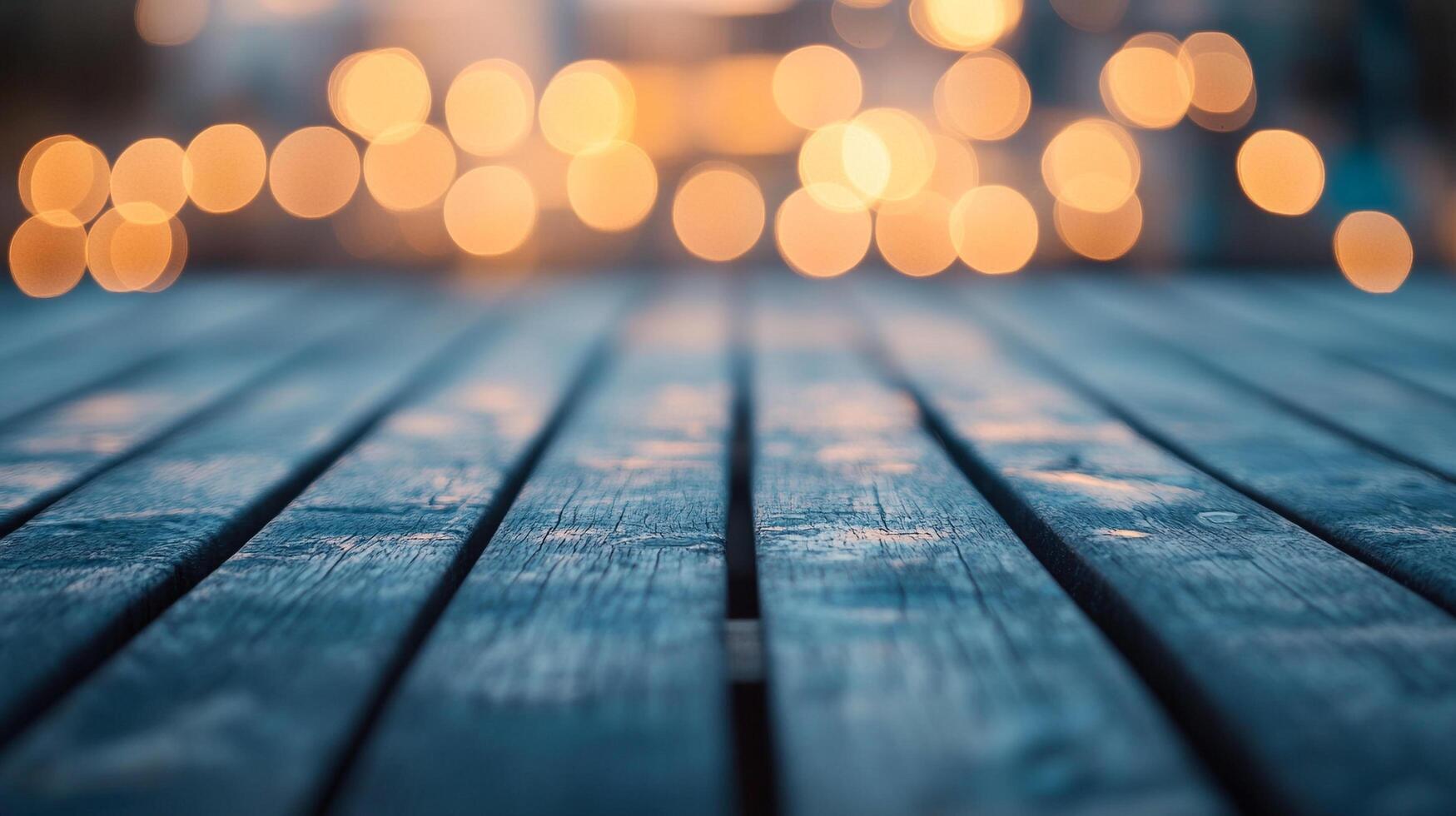 Charming bokeh lights twinkle above a weathered blue wood surface, creating a cozy and inviting atmosphere. Soft light adds warmth. photo