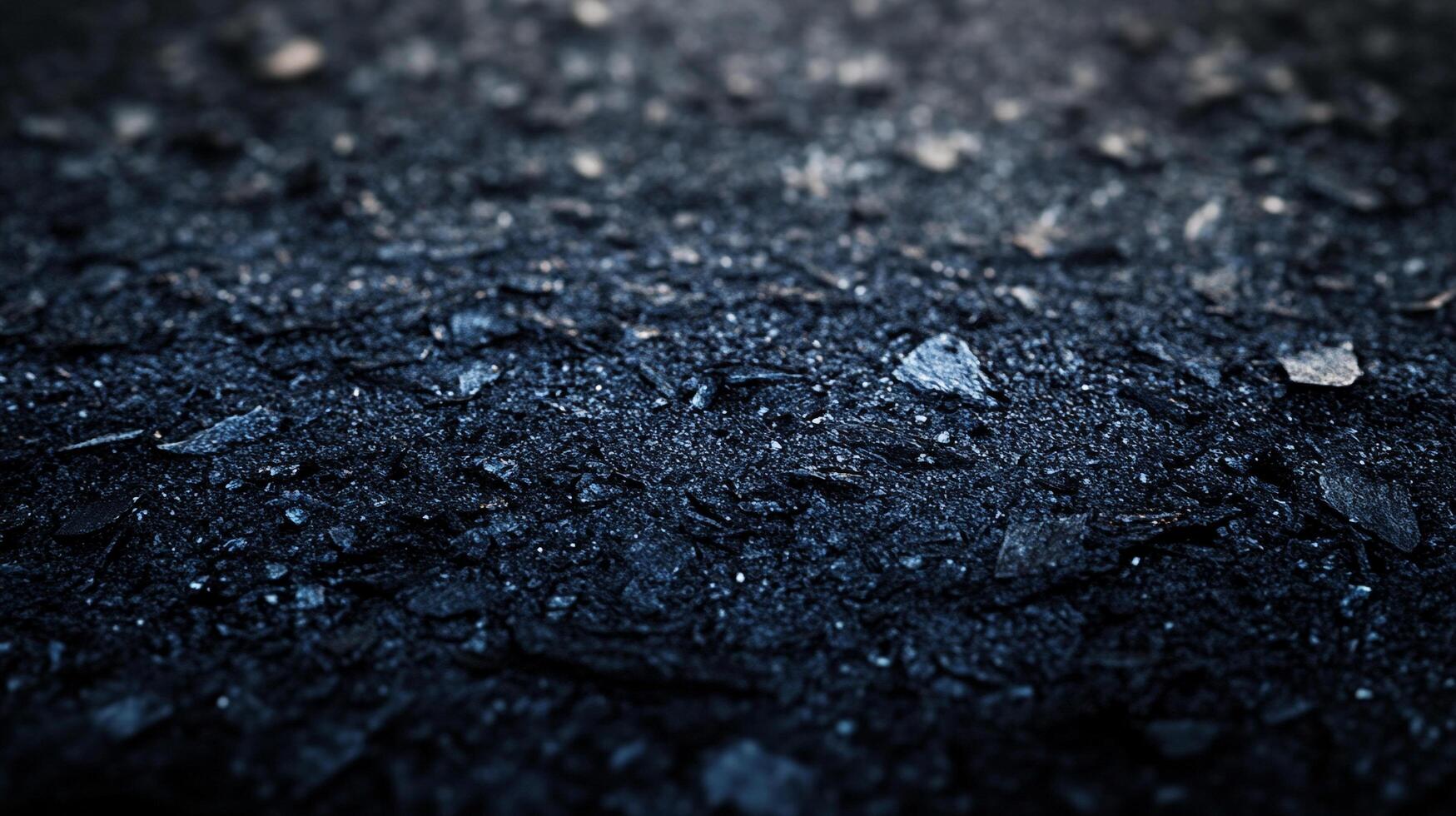 Dark, textured surface with scattered, sharp fragments. Low-angle shot emphasizes the depth and rough texture. photo