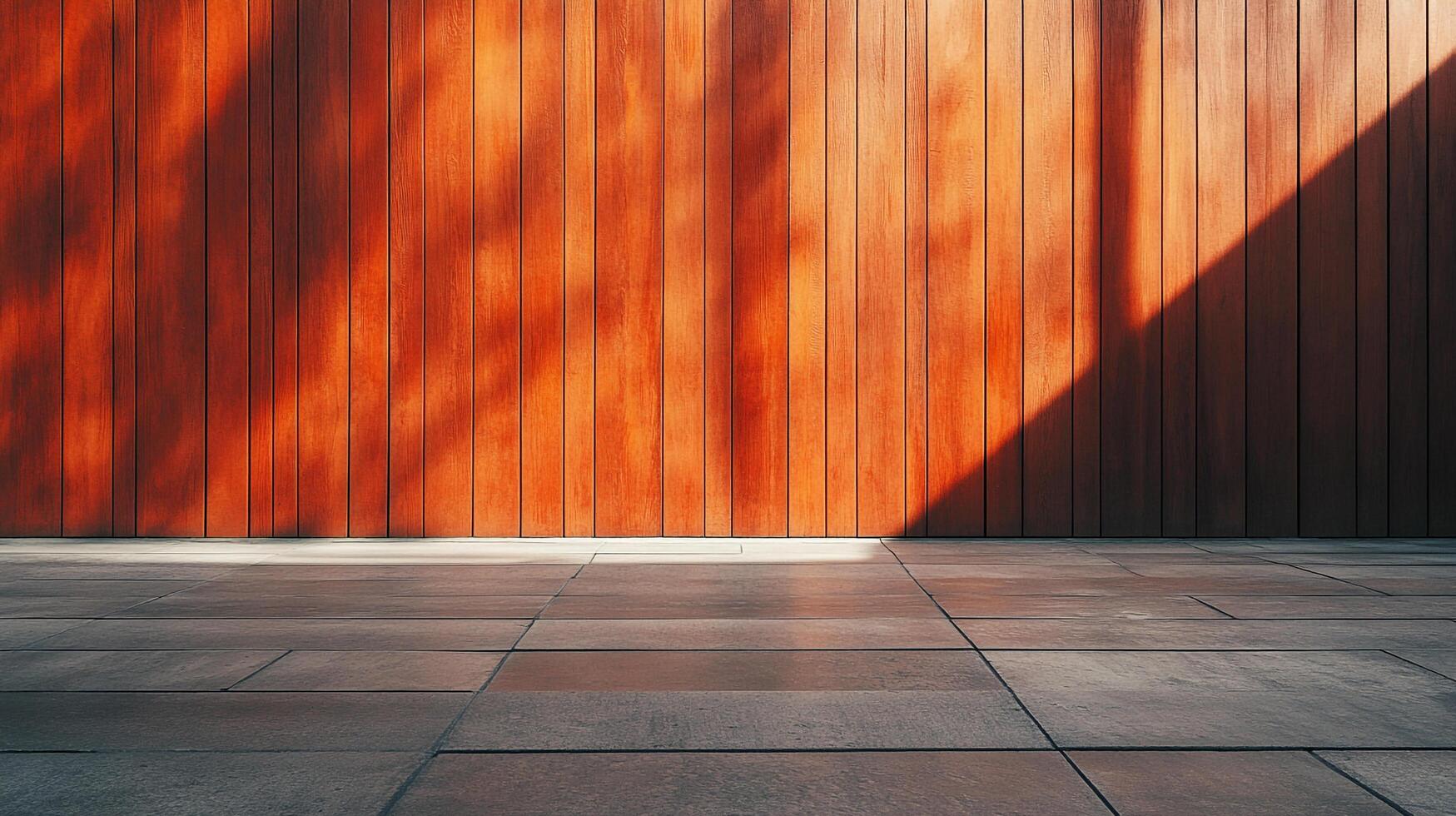 Wooden wall with vertical planks, illuminated by sunlight, creating dynamic shadows and a strong visual contrast with the stone floor. photo
