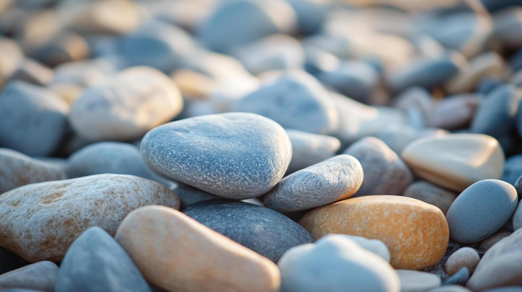A serene collection of smooth, naturally polished rocks showcasing a variety of colors and textures under soft, ambient lighting. photo