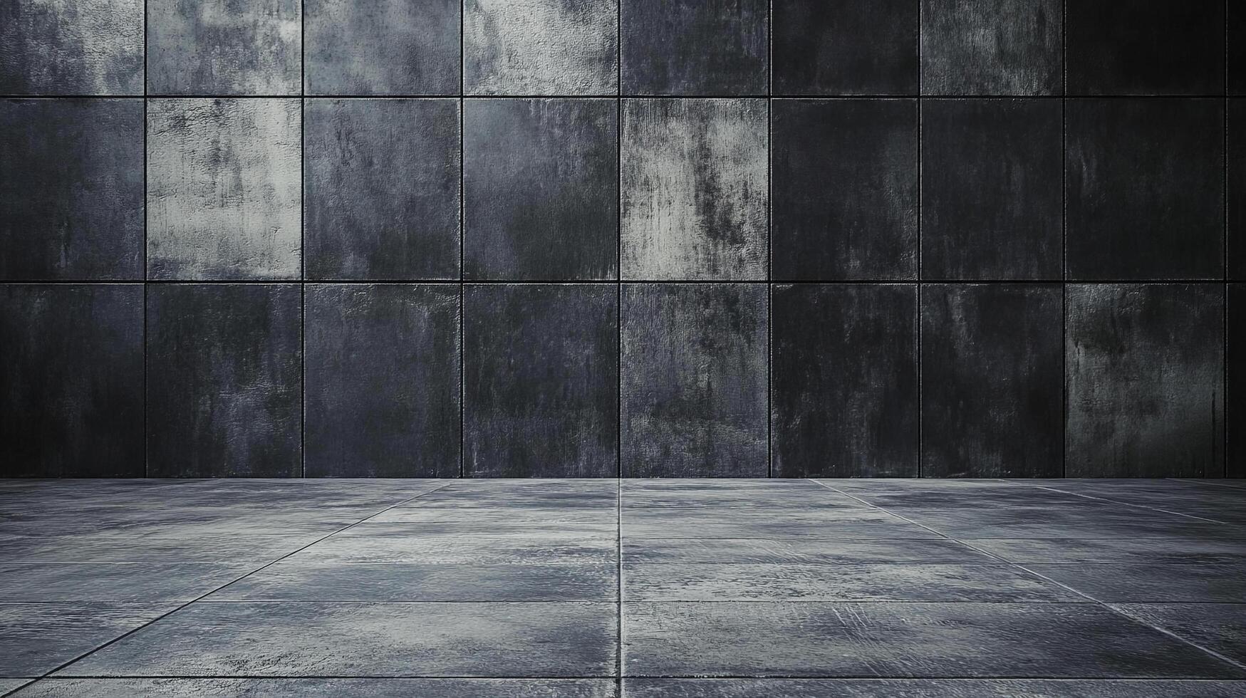 A dark, tiled background featuring a wall and floor made of large, square tiles with a textured, somewhat weathered appearance. photo